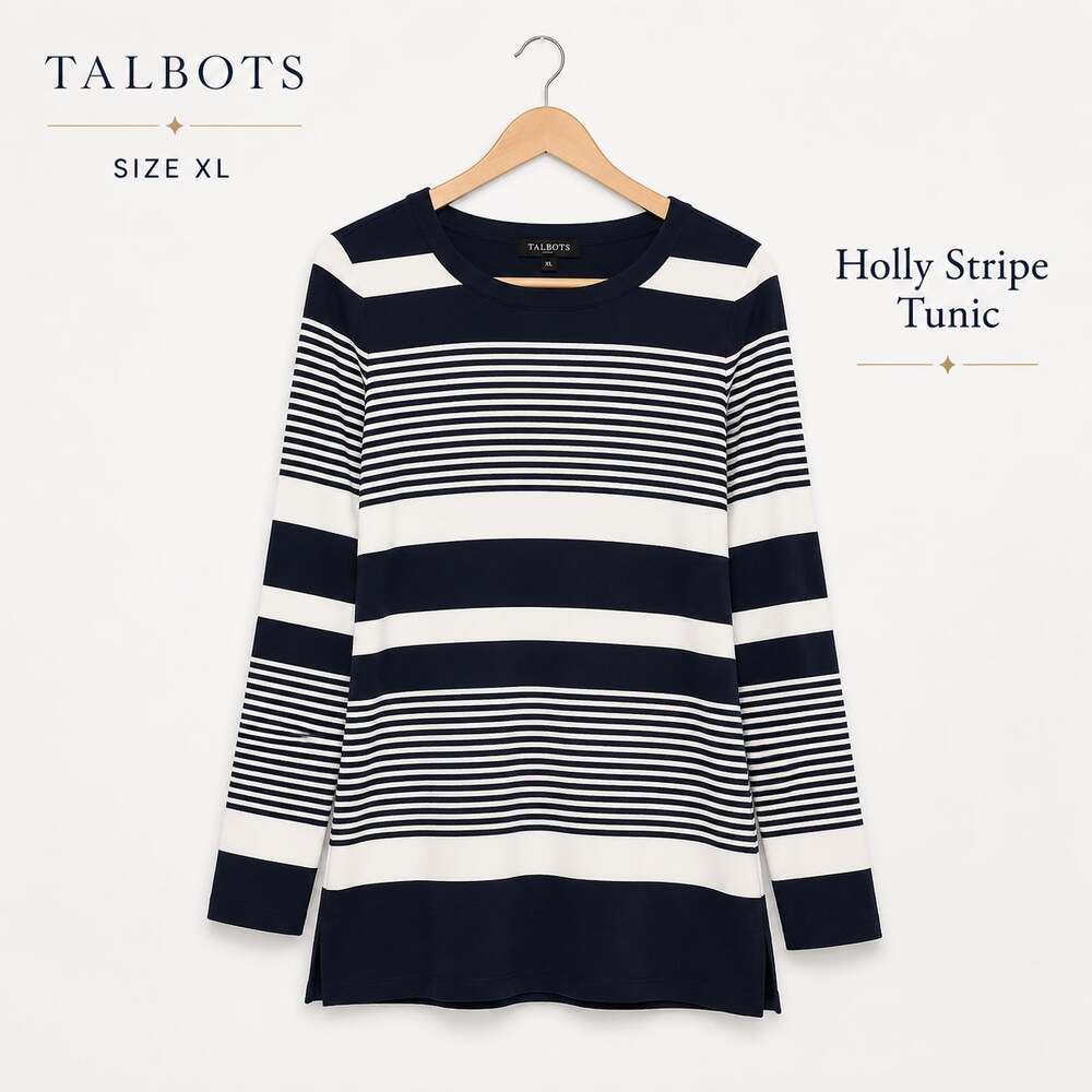 Talbots Holly Stripe Tunic XL Navy White Cotton Long Sleeve Nautical Top
